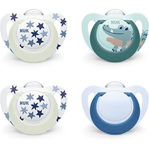 NUK Star Day & Night ciuccio | 18-36 mesi | Calma il 99% dei bambini | Succhietti in silicone senza BPA | Glow-In-The-Dark per trovarli la notte | Coccodrillo | 4 pezzi