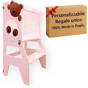 MINDWOOD Torre Montessoriana Personalizzabile per Bambini da 18 Mesi a 6 Anni, Scala Montessoriana in Legno per l'Apprendimento, Trasformabile in Tavolo - Made in Italy (Orsetto, Rosa)