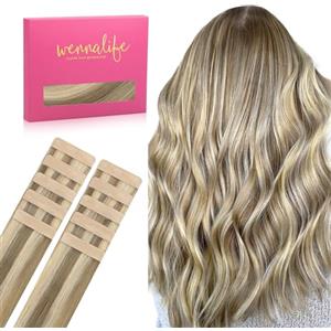 WENNALIFE Extension Capelli Veri Biadesivo, 10pz 30cm 20g Castano Cenere con Riflessi Biondo Oro Extension Biadesive Capelli Veri Lisci Remy Tape in Hair Extensions Capelli Setosi