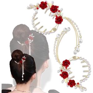 SnowtainFermagli per Capelli con Rose di Perle, 2Pcs Fermagli a Pettine per Capelli Vintage in Metallo con Fiore, Accessori per Capelli alla Moda per Donne e Rragazze