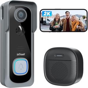 ieGeek 2K Citofono Senza Fili da Esterno, Videocitofono Wifi 2.4Ghz con Telecamera per Esterni IP66 Impermeabile, Rilevamento Umano, Nessun Costo Mensile, Visione Notturna (Grigio)