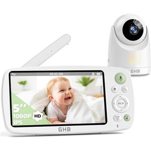 GHB Baby Monitor Video e Audio Schermo 5'', 168 Ore di Autonomia, HD 1080P, 4000mAh, 350°/110°, Modalità VOX, Visione Notturna, Rilevamento della Temperatura,Ninne Nanne