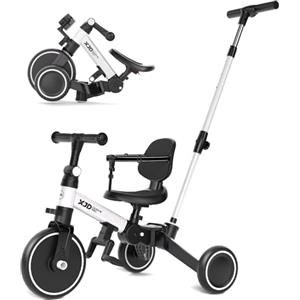 XJD Triciclo 5 in 1 per bambini e ragazze da 10 a 36 mesi senza pedali per bambini con regolabile sedile manubrio e pedali smontabili 1 anno regalo di compleanno (Bianco-1, 5 en 1 - Clásico)