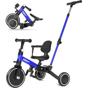 XJD Triciclo 5 in 1 per bambini e ragazze da 10 a 36 mesi senza pedali per bambini con regolabile sedile manubrio e pedali smontabili 1 anno regalo di compleanno (Blu-1, 5 en 1 - Clásico)