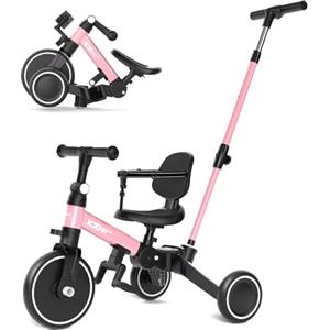 XJD Triciclo 5 in 1 per bambini e ragazze da 10 a 36 mesi senza pedali per bambini con regolabile sedile manubrio e pedali smontabili 1 anno regalo di compleanno (Rosa-1, 5 en 1 - Clásico)