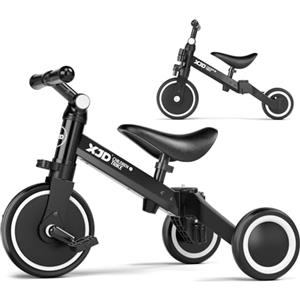 XJD Triciclo 3 in 1 per bambini e ragazze da 10 a 36 mesi senza pedali per bambini con regolabile sedile manubrio e pedali smontabili 1 anno regalo di compleanno (Nero, 3 en 1 - Clásico)