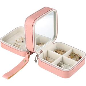 Daelesr Scatola Portagioie da Viaggio Impermeabile, Piccolo Portagioielli Portatile con Specchio, Porta Orecchini Organizeri in Pelle PU Bilayer per Anelli, Orecchini, Collana, Bracciali, Rosa
