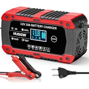 Husgw 10A 12V Caricabatteria da Auto, Multi Protezioni Mantenitore Batteria Moto, Intelligente Carica Batteria Portatile con Schermo LCD per Moto, Auto, Batteria AGM, Barche (10A)