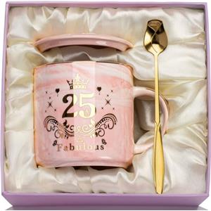 WXYTXHYQ 25 Anni Compleanno Tazza, 25 Anni Matrimonio Regali Ceramica Marmorizzata Mug 400ml Rosa, Regalo 25 Ann-i Matrimonio per Donna, con Coperchio, Cucchiaio, Scheda, Confezione Rega-lo