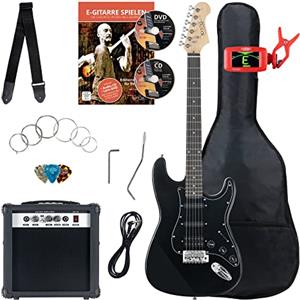 Rocktile ST-Pack Set Completo Power Chitarra Elettrica Nera (Amplificatore, Accordatore, Tremolo, Custodia, Cavo, Tracolla, Plettro, Corde di Ricambio e Scuola con CD/DVD)
