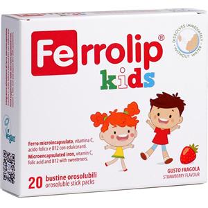 Ferrolip Kids - Integratore di Ferro per Bambini 3 Anni con Acido Folico, Vitamina C e B12, 20 Bustine Orosolubili alla Fragola, Senza Fastidi Gastrointestinali