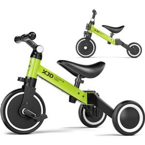 XJD Triciclo 3 in 1 per bambini e ragazze da 10 a 36 mesi senza pedali per bambini con regolabile sedile manubrio e pedali smontabili 1 anno regalo di compleanno (Verde, 3 en 1 - Clásico)
