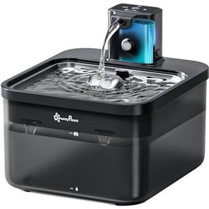 DownyPaws Fontanella per Gatti Senza Fili con Vassoio in Acciaio, Alimentazione a Batteria da 4000mAh, 2,5 L Ultra Silenziosa Fontanella per Gatti con Sensore, Nero