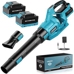 LEEIKOO Soffiatore a Batteria, 21V Soffiatore Foglie con 2 Batteria 4,0Ah, 3 Impostazioni di Velocità, 2 Tubi di Soffiaggio Staccabili, Cintura per Fango la Pulizia del Giardino