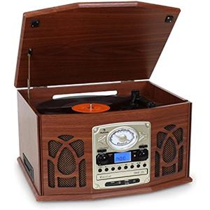 AUNA NR-620 - Giradischi Vinili Vintage, Lettore Vinili, Stereo Retrò, Cinghia, Max. 45 Giri/min, Radio, Display a Banda di Frequenza, Altoparlanti Stereo, Ingresso USB/SD, Cassette, Marrone