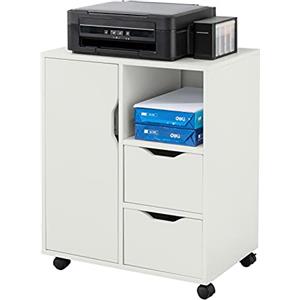 SoBuy Cassettiera da Scrivania Ufficio su Ruote Cassettiera Ufficio con 2 Cassetti, 1 Anta e 1 Ripiano Aperto Carrello Tavolino Comodino Piccolo Comodino Bianco L60xP35xA70cm FBT105-W
