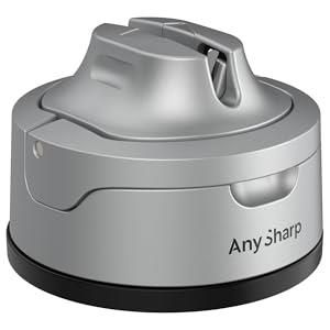 AnySharp Evo Affilacoltelli, Sicurezza Mani Libere, Potente Suzione PowerGrip, Affila Sicuramente Tutti i Coltelli da Cucina, Ideale per Acciaio Temperato e Dentati, Il Migliore del Mondo, Argento