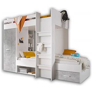 Stella Trading MAXI Letto a castello con armadio e 2 x superfici 90 x 200 cm, salvaspazio per bambini, effetto cemento, bianco, 269 x 180 x 115 cm (larghezza x altezza x profondità)