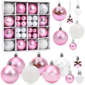 Aurasky Palline di Natale Rosa Bianco, 44 Pezzi Decorazioni Albero di Natale, Palline Albero Natale, Addobbi Natalizi per Albero, Palle e Stelle dell'Albero di Natale, Appendere Addobbi Natalizi