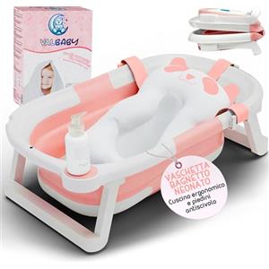 VALVANI Vaschetta Bagnetto Neonato Pieghevole 0-3 Anni Rosa con Cuscino Antiscivolo Ergonomico - Vasca da Bagno Neonati Portatile e Compatta Facile da Pulire Bambini 0-3 Anni - Baby Bath Tub Sicuro | VALBABY