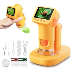 HEWEIMEI 1600X Microscopio bambini, Microscopio Digitale da 2.0" Microscope Elettronico Portatile con 6 luci LED Regolabili e Vetrini, Adatto come regalo di Natale, Capodannodai 3-14 anni (Giallo)