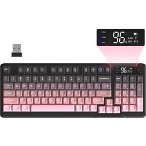 FREEWOLF M96 Tastiera Da Gioco Wireless, Controllo Tramite Manopola Bluetooth/Tastiera Meccanica Wireless 2.4G, Retroilluminazione a LED con Schermo, Copritasto PBT, 3000mAh, QWERTY - Sfumatura Rosa