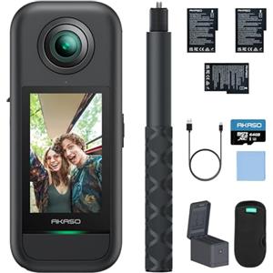 AKASO 360° Action Cam Creator-Set 5.7K con Scheda 64GB, Foto 72MP, Doppio Sensore 1/2" 48MP, Horizon Lock, Touchscreen 2.29", AI Tracking, Effetto Selfie Stick Invisibile, Stabilizzazione SuperSmooth