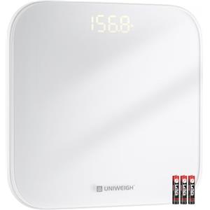 UNIWEIGH Bilancia pesapersone digitale, bilancia da bagno per il peso corporeo, bilancia altamente precisa fino a 400lbs/180kg, con robusto vetro temperato, display a LED, step-on, 3 unità, bianco