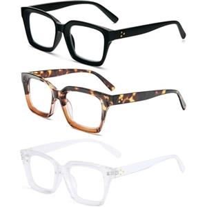 MMOWW Confezione da 3 Occhiali da Lettura Rettangolari: Oversized Square Frame Anti Luce Blu Occhiali donna uomo (Nero+Tartaruga+Trasparenza, 3.0)