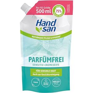 Handsan Hand san Sacchetto di ricarica senza profumo | senza profumi, saponi e coloranti | lavaggio delle mani e pulizia del viso | formula senza microplastica | pH neutro sulla pelle e vegano | 500 ml