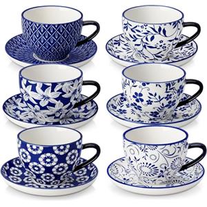 vancasso SELENE - Tazze da Caffè e Cappuccino con Piattino in Porcellana - 6 x 240 ml - Tazze da Colazione per Latte, Tè e Yogurt - Adatto a Lavastoviglie e Microonde - Vintage in Blu e Bianco