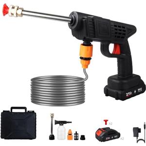 WoskjXas 21V Idropulitrice Portatile Senza Fili con 2 1500mAh Batterie 21V Idropulitrice a Batteria, 2 Ugelli, Tubo da 5M, Idropulitrici Elettrica Senza Fili per Auto/Giardino/Pavimenti/Esterni