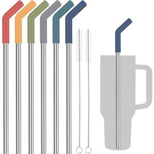 Tomorotec Set di 6 cannucce in acciaio inossidabile con punte in silicone, adatte per bicchieri Stanley da 1,13 cm, riutilizzabili, con estensori colorati e 2 spazzole, compatibili con coppe a bocca