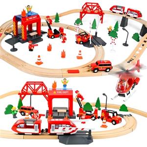 Joellfuner Set di 69 Pcs Binari Trenino Legno, Trenino Elettrico Bambini con Pista Treno in Legno, Giocattoli Treno Elettrico Compatibile con le Principali Marche, Regali di Compleanno e di Natale