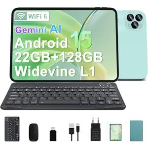 GOODTEL Tablet Android 15 10.1 pollici, dotato di 22 GB RAM + 128 GB ROM, WiFi 6, Bluetooth 5.0, 6000 mAh, 8+5 MP, 1280 * 800, controllo bambini, tablet con tastiera e mouse (verde)