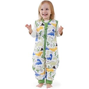 MIKAFEN Bambini Sacco nanna invernale con gambe 2,5 Tog,100% cotone,Sacco nanna con piedini,105-115 cm/4-5 anni,Dinosauro verde