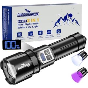Shadowhawk Torcia LED Potente Professional 2-in-1 UV Doppio Interruttore | 1,000,000 Lumen (Bianca) Ultraluminosa con Luce UV per Campeggio/Trekking/Ispezione, Dimmerazione senza Gradi, Uso Comodo
