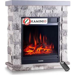 KAMINIO Camino elettrico Juan - Caminetto elettrico a pavimento in effetto pietra con riscaldamento, effetto fiamma 3D, telecomando (Grigio)