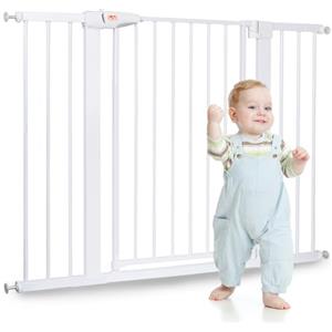LAOYE cancelletto per bambini, Cancelletto per scale senza trapano, altezza extra alta 92 cm, larghezza 75-124 cm con 3 estensioni, per bambini, cani gatti, chiusura automatica arresto a 90°-Bianco