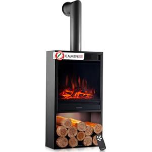 KAMINIO Camino elettrico Hugo - Stufa elettrica con riscaldamento, effetto fiamma 3D, luce ambiente a LED, scomparto de legno, telecomando (Nero con tubo)