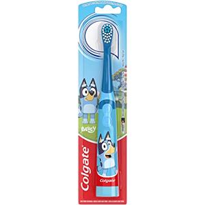Colgate Spazzolino da denti a batteria per bambini con setole extra morbide, manico piatto, design blu, confezione da 1