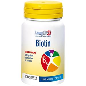 LongLife Biotin 300 mcg - Integratore Alimentare per Pelle e Capelli, 100 Compresse