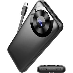 Hosgubo Power Bank 10000mAh, Powerbank 3A Ricarica Rapida USB C Ingressi e Uscite, Potente e Sottile Caricatore Portatile con Cavi Integrati, Caricabatterie Portatile per iPhone Samsung Cellulare Tablet ecc