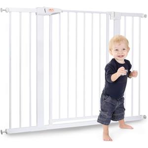 LAOYE cancelletto per bambini, Cancelletto per scale senza trapano, altezza extra alta 92 cm, larghezza 75-124 cm con 3 estensioni, per bambini, cani gatti, chiusura automatica arresto a 90°-Bianco