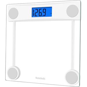 Homebuds Bilancia Pesapersone, Alta Precisione Assicurato dalla fabbrica professionale di Bilancia Pesapersone Digitale dal 2001, LCD retroilluminato blu e Step-On, 2*AAA, 182kg, Vetro Trasparente