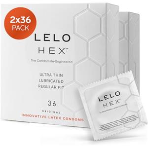 LELO HEX Original Preservativi Ultra Sottili Rinforzati, Leggermente lubrificati Condom, Preservativi con rilievi e nervature, Diametro 54 mm (Confezione da 72)