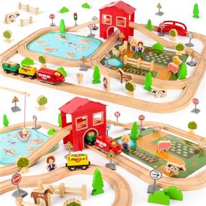 LumenVela Set di Trenino Legno Bambini, 100 Pezzi pista Macchinine Legno Tema Della Fattoria Pista con Trenino, Laghetto, Fattoria e Piccoli Animali per Bambini dai 4 5 6 7 8 Anni