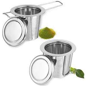 QinyOulhause Infusore Per Tisane 2 Pezzi Filtro per Tè con Coperchio in Acciaio Inox 304 Colino fine per foglie sciolte manico pieghevole adatto a tazze teiere lavabile in lavastoviglie