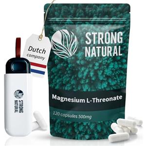 Strong Natural - Magnesio L-treonato 120 capsule - portapillole gratuito - Alto dosaggio da 500 mg per capsula, 2000 mg dose giornaliera - 100% naturale, testato in laboratorio