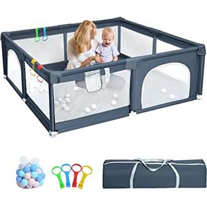 HABOWN Box per Bambini 150 x 180cm - Recinto Pieghevole con Rete Traspirante, Centro di Attività Neonato con 50 Ocean Ball e 4 Anelli, Grigio